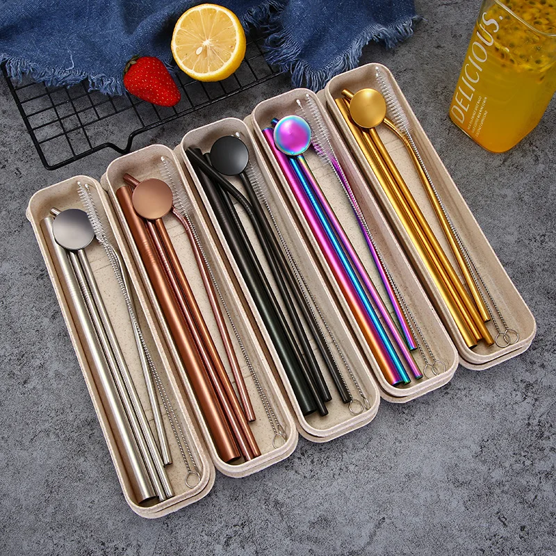 

6Pcs Reusable Stainless Steel Straws Straight Bent Drinking Straws Eco Friendly Cocktail Straws for Milk Coffee with Brush &Box