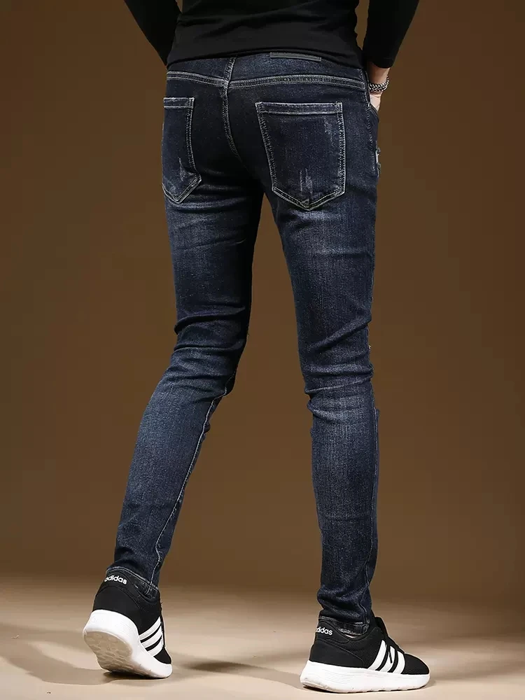 Autumn Men Dark Blue Ripped Jeans Mens Casual Pants Streetwear Fashion Slim Fit Straight Denim Trousers CP1996