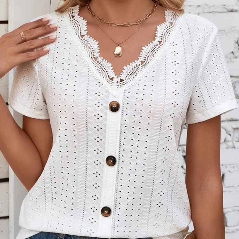 

Fashion Hollow V-neck Lace White Blouse Women Vintage Button-up Short Sleeve Casual Shirt Women Summer 2023 Loose Tops New 28325