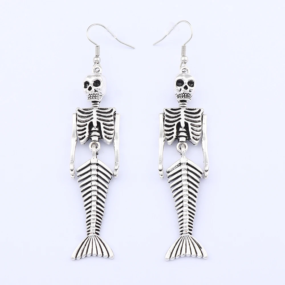 

Tibetan Silver Color Goth Halloween Large Mermaid Skeleton Skull Pendants Earrings for Punk Fashion Women Jewelry Accessories