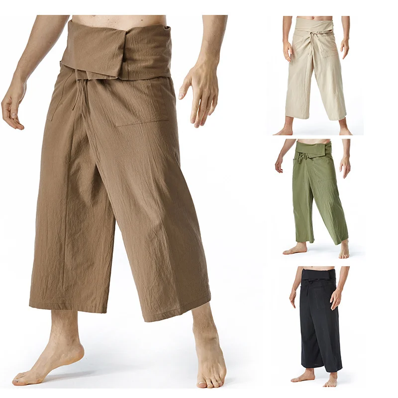 

HOUZHOU Cotton Baggy Summer Beach Pants for Men Japanese Khaki Wide Leg Cropped Trousers Male Casual Streetwear Breathable