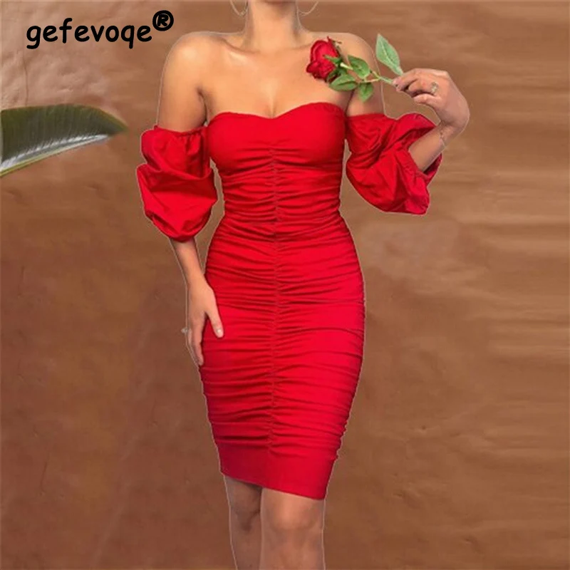 

Off Shoulder Low-cut Package Hip Ruched Party Sexy Fashion Dresses for Women's Solid High Waist Bodycon Club Mini Dress Clothing