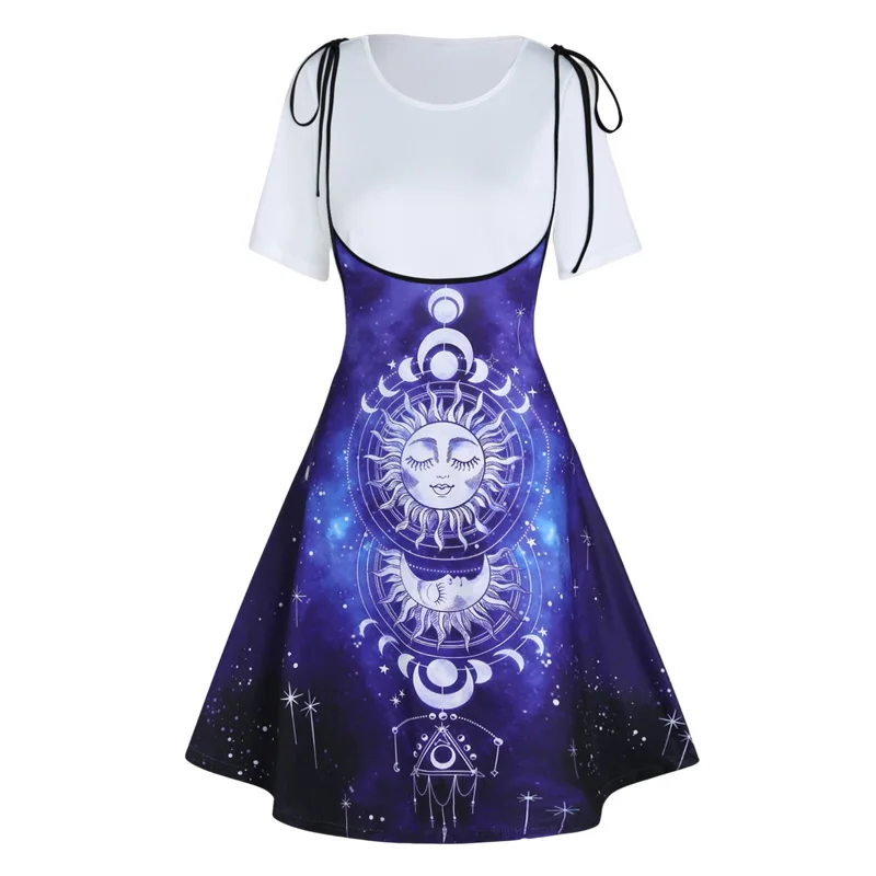 

Casual Outfit Pure Color T Shirt and Sun Moon Galaxy Print Tied Shoulder A Line Midi Suspender Skirt Two Piece Set