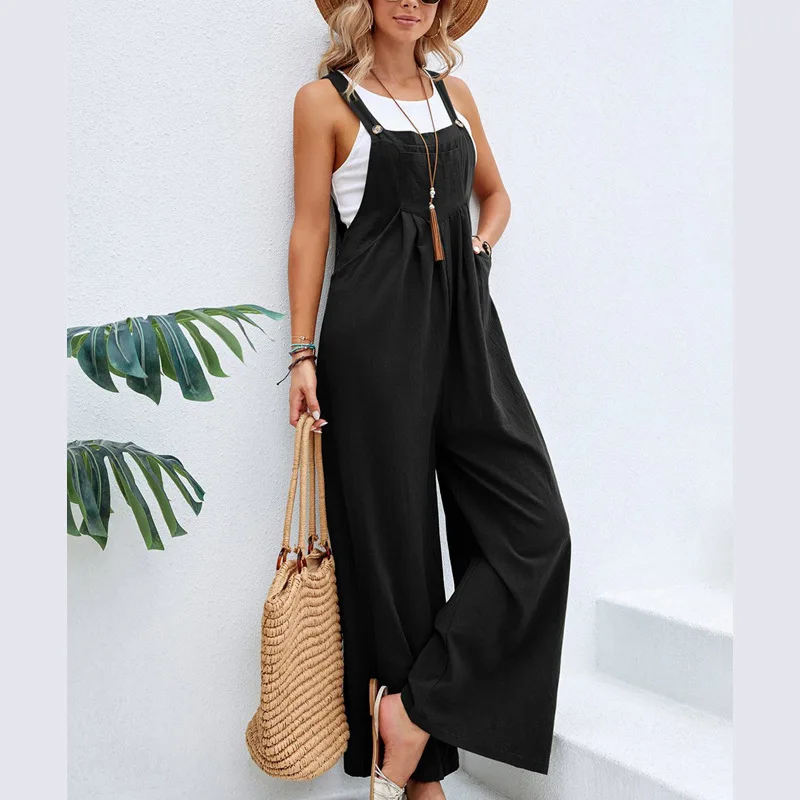 Vintage Cotton Linen Jumpsuit Women 2023 Casual Solid Button Wide Leg Suspender Pants with Pockets Summer Loose Overalls Rompers