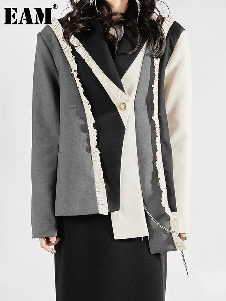 

[EAM] Women Gray Color-block Burr Big Size Blazer New Lapel Long Sleeve Loose Fit Jacket Fashion Spring Autumn 2022 1DE8972