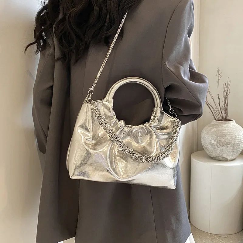 Золотые серебряные цветные лазерные глянцевые сумки 2024 корейские сумки-тоут