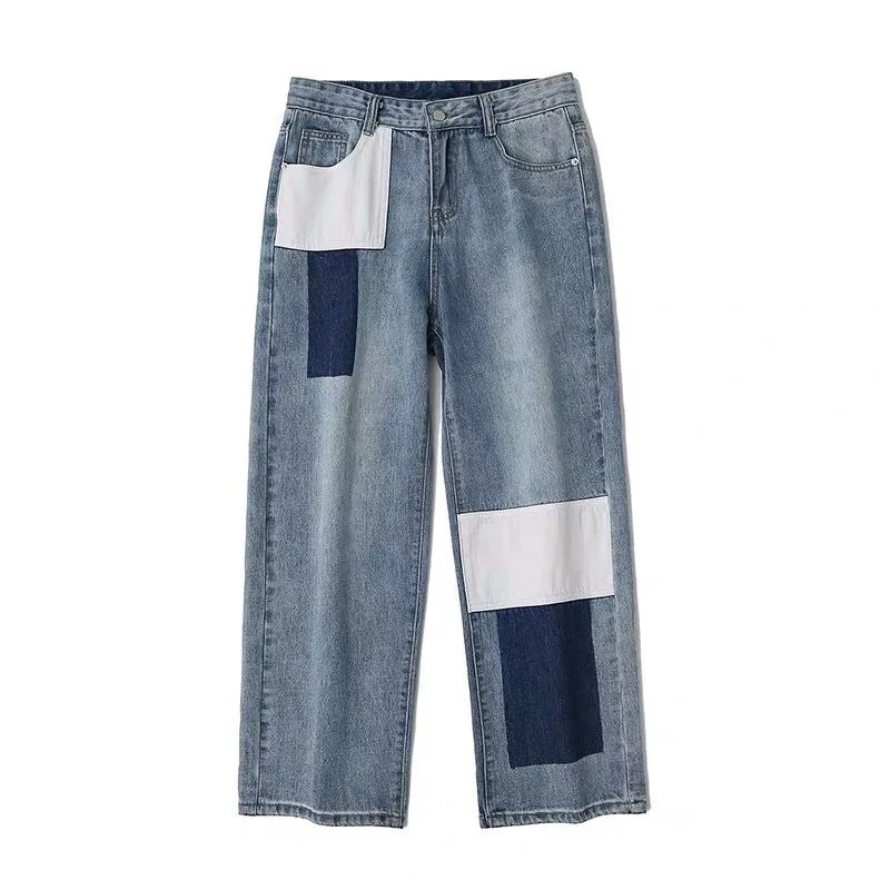 DEEPTOWN Patchwork Straight Jeans Men Vintage Loose Casual Denim Pants Retro Fashion Trousers Male Streetwear Korean Spring