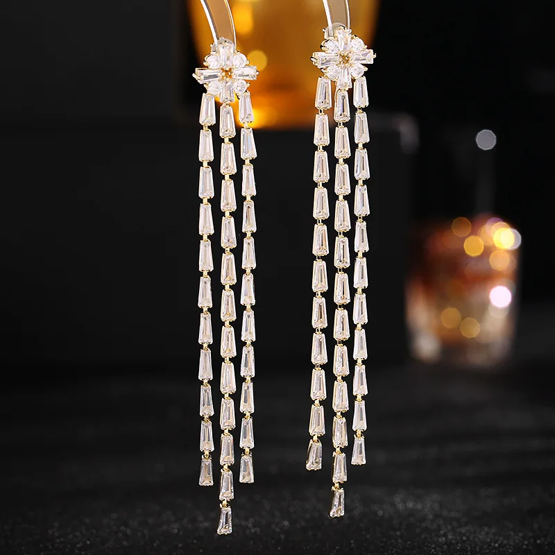 

Long Tassel Earrings for Women Luxury Wedding Jewelry Copper s925 Silver Needle White AAA Cubic Zirconia Party Christmas Gift