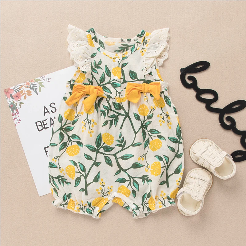 

Hibobi 2021 Summer Baby Girl Floral Ruffled Bow Decor Floral Jumpsuit Newborn Kids Cotton Bodysuit