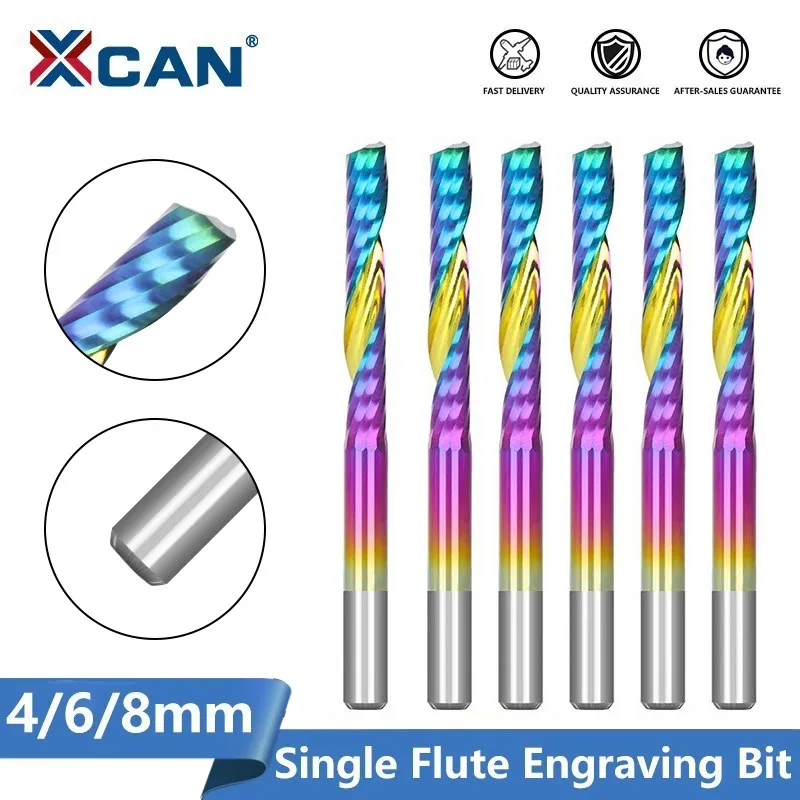 XCAN Milling Cutter 4/6/8mm Shank Single Flute CNC Engraving Bit Super Coated Carbide End Mill Wood Metal Milling Tools