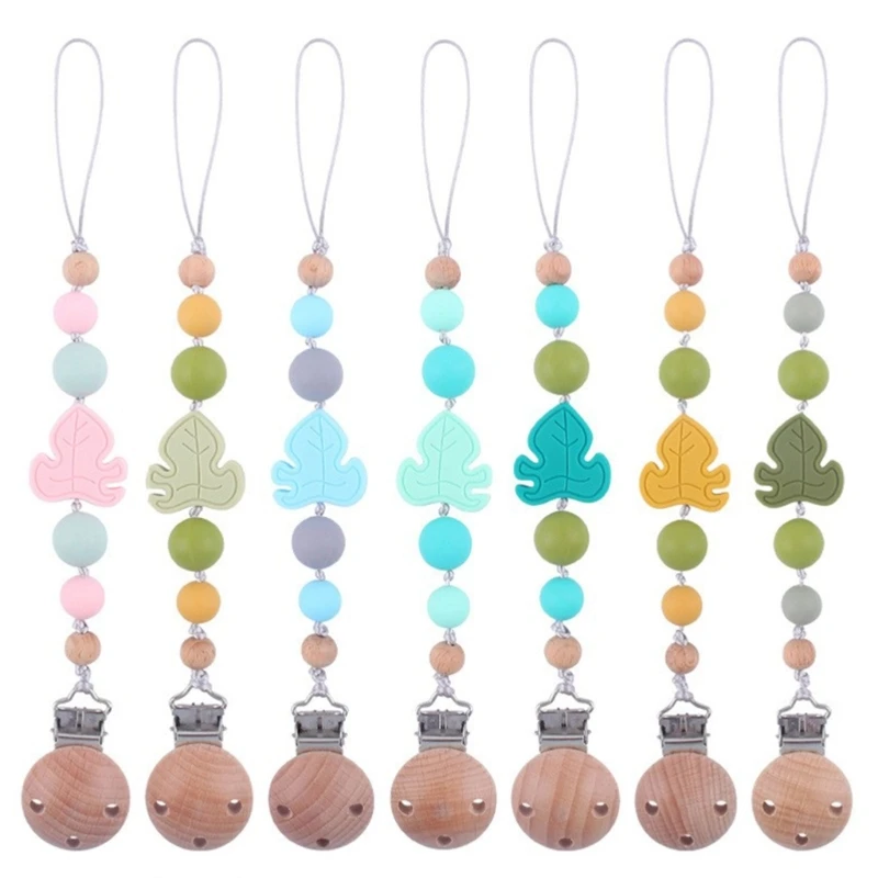 

M76C Beech Wooden Bead Leaf Pacifier Clip Soother Holder Baby Bibs Clip Toddler Dummy Chain Nipple Clips Newborns Shower Gift