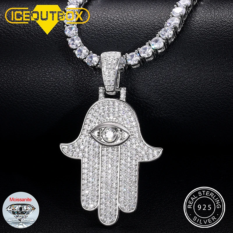 

D VVS Moissanite Hamsa Hand Evil Eye Pendant Necklace For Women Men Iced Out Cuban Chain 925 Sterling Silver Hip Hop Jewelry