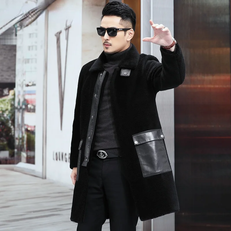 

2021 Winter New Mens Wool Trench Coat Business Casual Black Cashmere Lamb Leather Fur Overcoat Goat Skin Warm Long Jacket 6XL