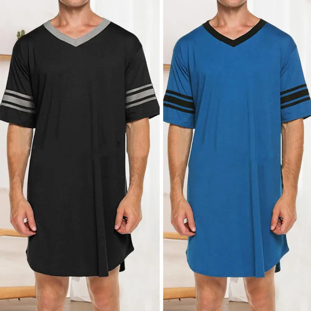 

Men Summer Cotton Nightshirt Robes Long Top Loose Nightwear Short Sleeve V Neck Homewear Pullover Striped Print Male Sleepwear