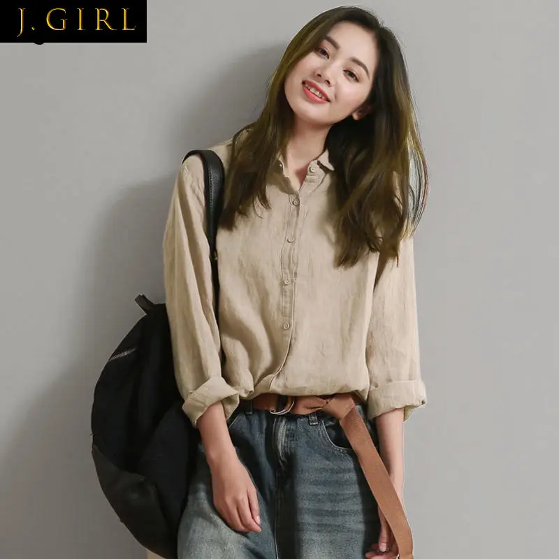 

S-4XL Shirts Women Retro Solid Cotton Linen Elegant Long Sleeve Blouses Design Turn-down Collar Tops Female Ulzzang All-match