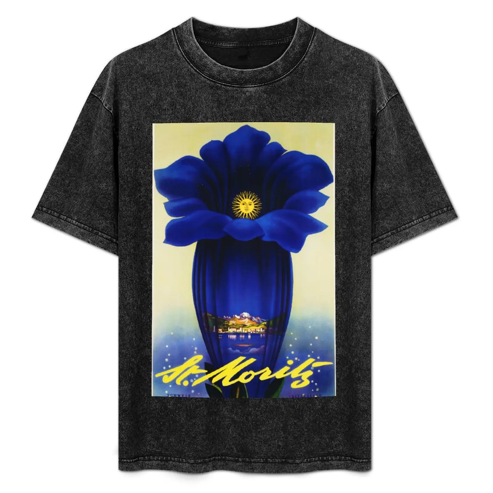 ST MORITZ SWITZERLAND Синяя труба Цветок Винтаж Туризм Рекламный постер 1952 от Лео Кек