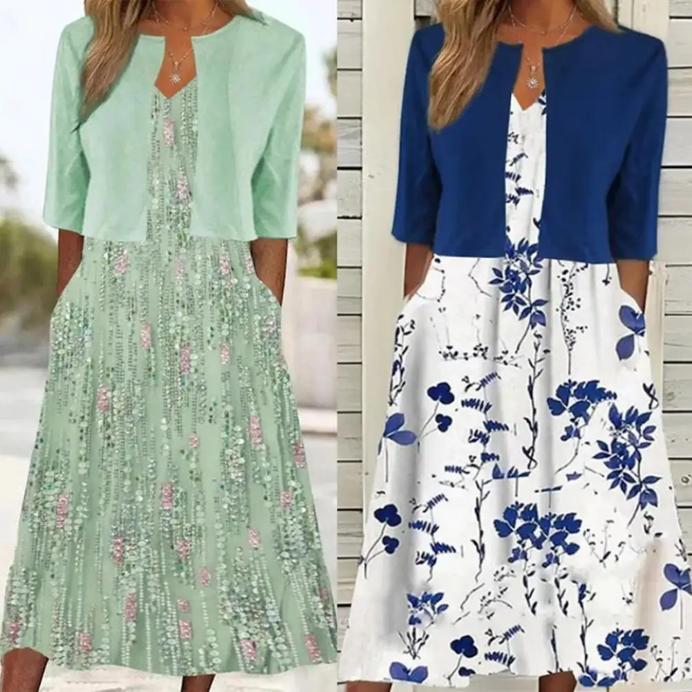 

V-neck Long Dress Short Coat Set Chic Women's Floral Print Midi Dress Cardigan Set Elegant V-neck A-line Outfit with Half