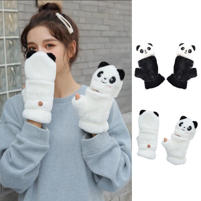 

Plush Panda Gloves Cartoon Animal Half Finger Gloves with Flip Top Soft Elastic Gloves Stretchy Glove for Women