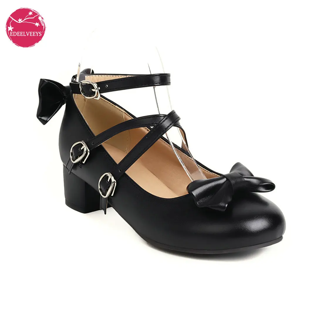 Big Feet Plus Size Women Round Toe Lolita Princess Party Shoes Ankle Strap Med Heel Leather Cosplay Pumps Sweet Bowtie Jk Black