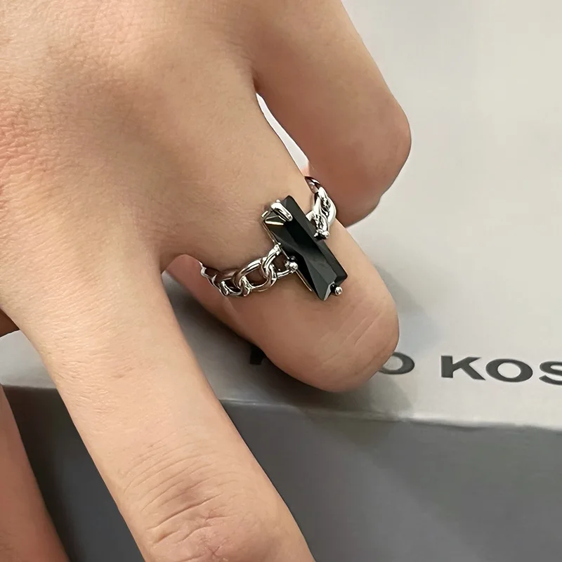 

Black Baguette Zircon Ring Women's Open Adjustable Gold Silver Chain Link Women's Boho Jewelry