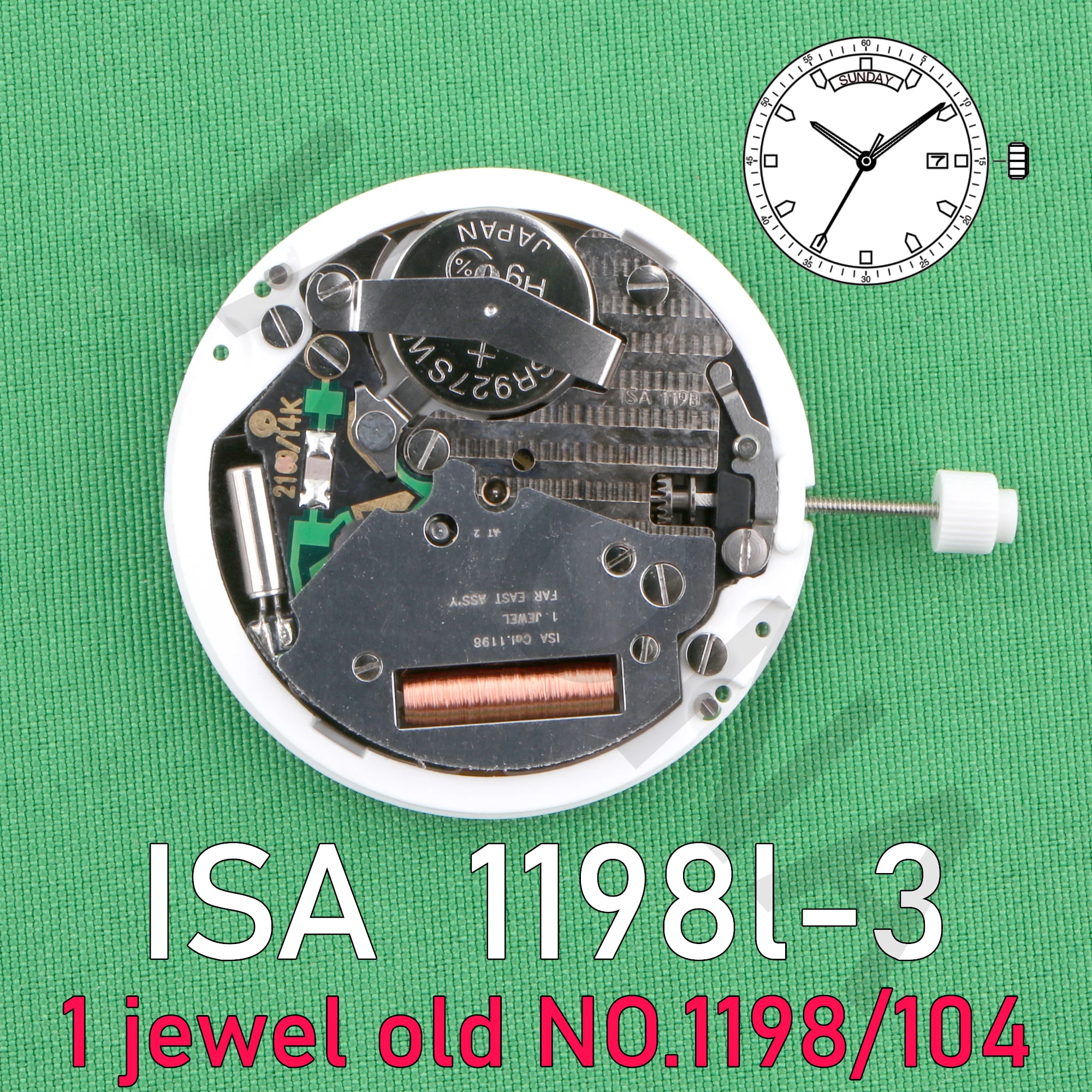 1198 movement isa 1198l-3  swiss quartz movement 3 hands with date/day old no.1198 104 movement 1jewel