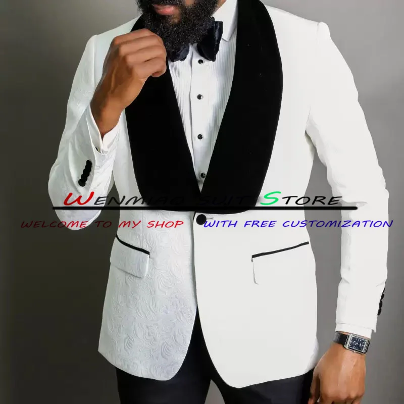 Jacquard Suit for Men's Blazer Pants Set Formal Wedding Groom Tuxedo Groomsman Jacket 2 Piece White Party Outfit