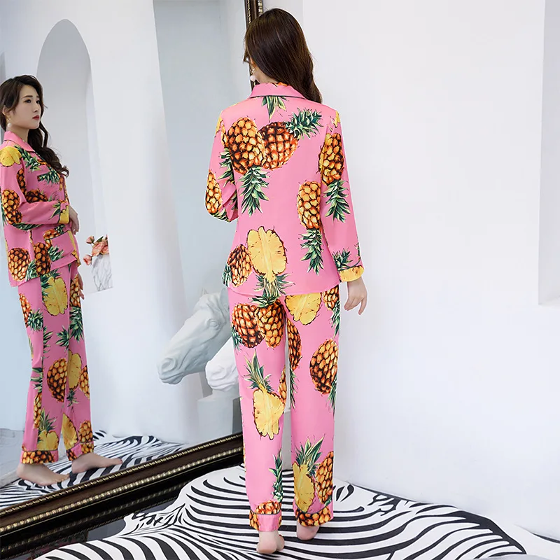 Silk Women's Pajama Set Summer Spring Autumn Long Sleeve Ladies 2 Pcs Pijama Suit with Pant Pineapple Print Sleepwear for Female