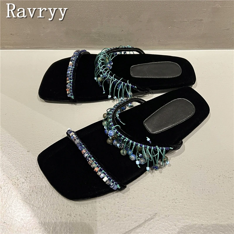 Дизайнерские женские шлепанцы с бахромой летние новые пляжные квадратным носком