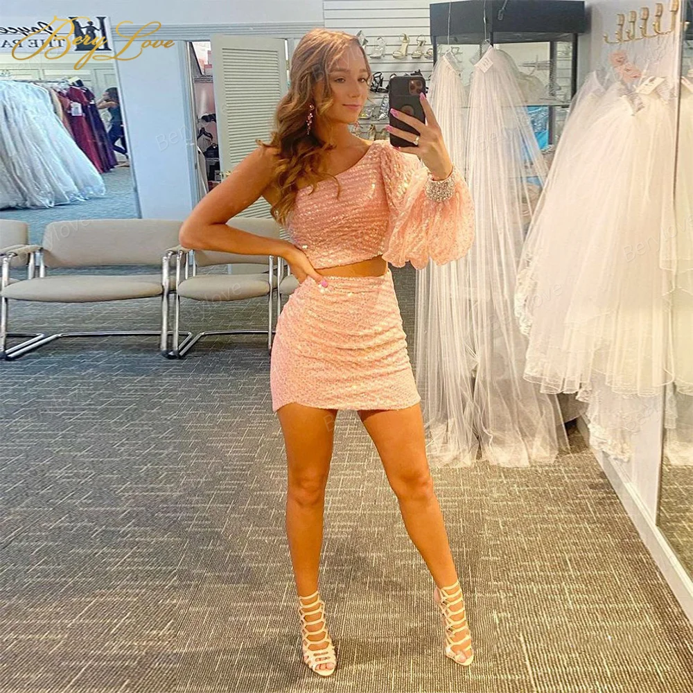 

Sparkle Pink Homecoming Dress Elegant Graduation Dress Sequin One Shoulder Two Pieces Beading Short Prom Dress celebrity dresses