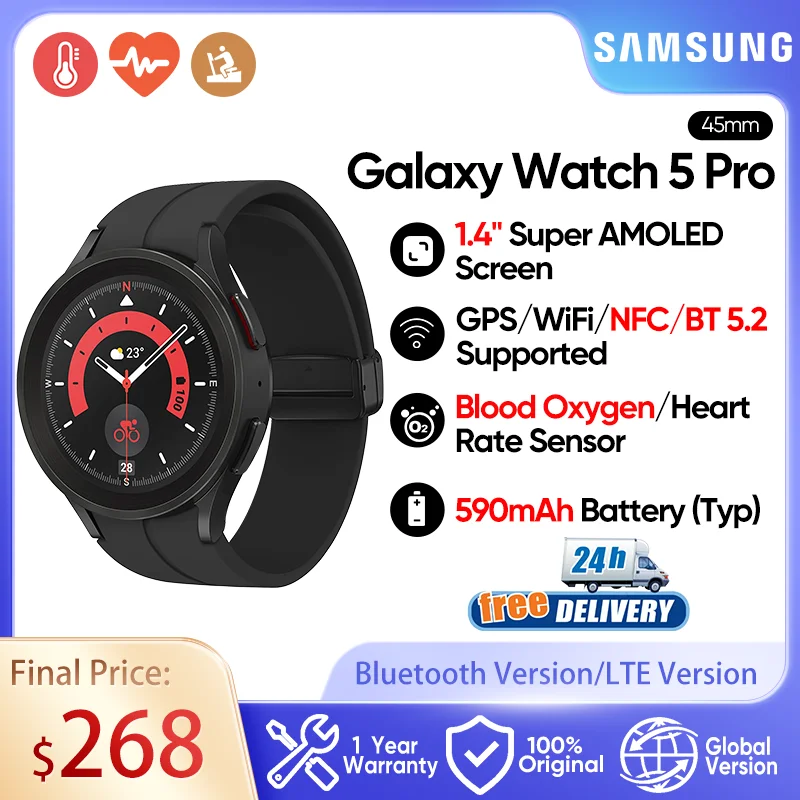 

Samsung Galaxy Watch 5 Pro 45mm Smartwatch Sapphire Glass Display Blood Pressure ECG Measure Fitness Watch For Galaxy S23 Ultra