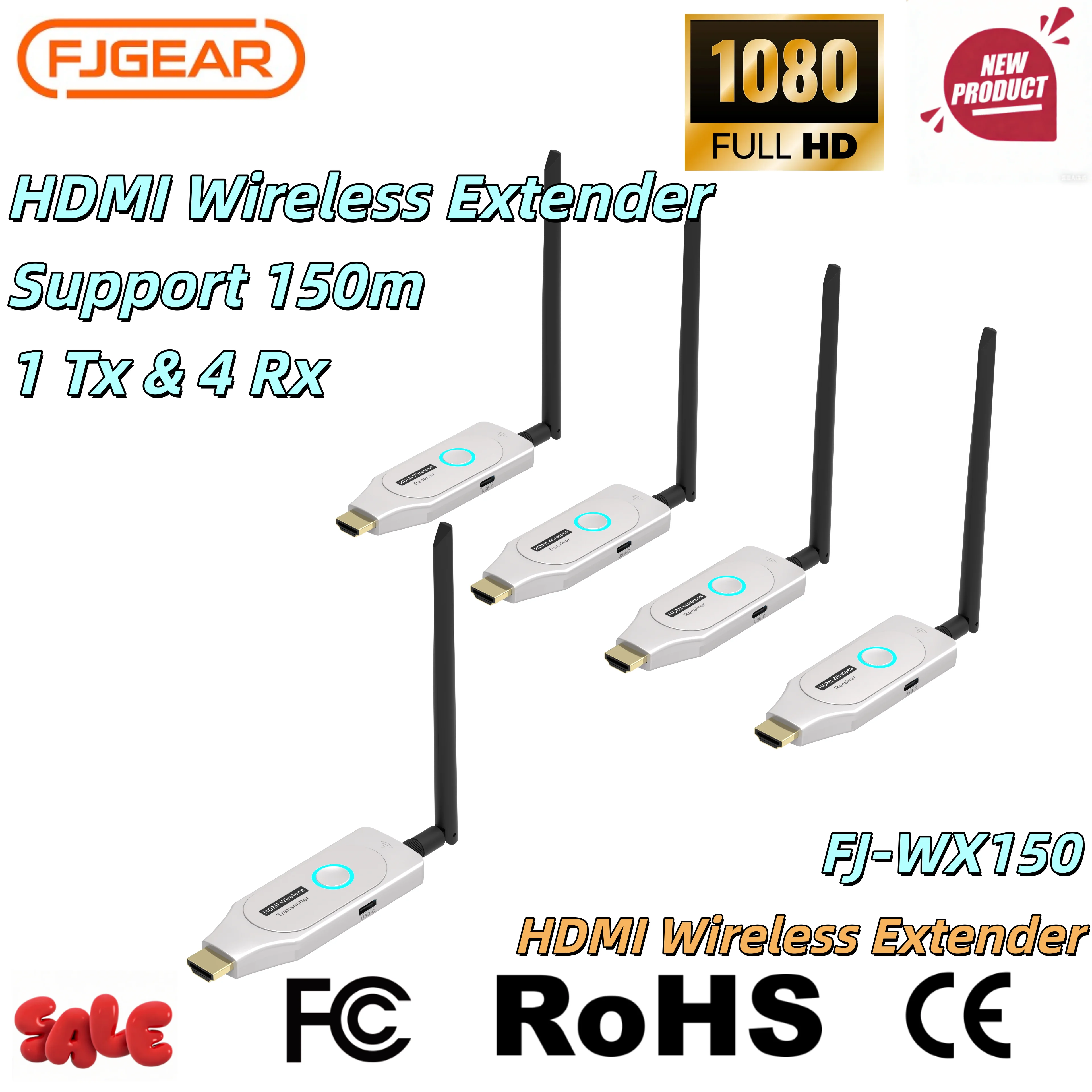 Фото Беспроводной HDMI-удлинитель FJGEAR 100M, 1080P, 1 TX 1 RX, передатчик аудио-видео, широкая совместимость для ТВ, ПК, проектора №1
