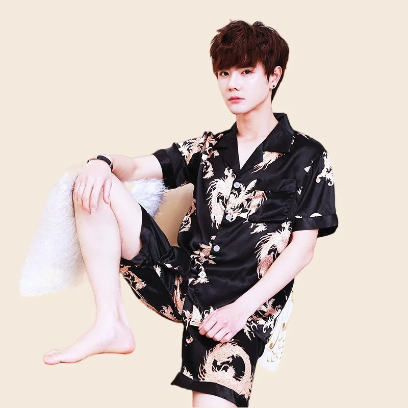 Men's Pajamas Set Full Sleeve T-shirt Long Pants 2Piece/Set Spring/Summer Sexy Dragon Print Pyjama Big Size Homewear Cozy PJS