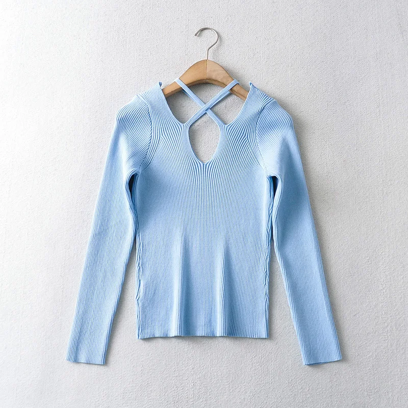 

Withered V-neck Sheath Spring Long SLeeve Knitted Sexy TShirt Women England High Street Fashion Retro Hollow Harajuku Tshirt