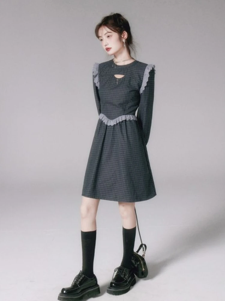 

Fashion Sweet Vestidos De Mujer Preppy Style Female Slim Spring Autumn Dresses Women Hollow Out Ruffles High Waist Plaid Dress