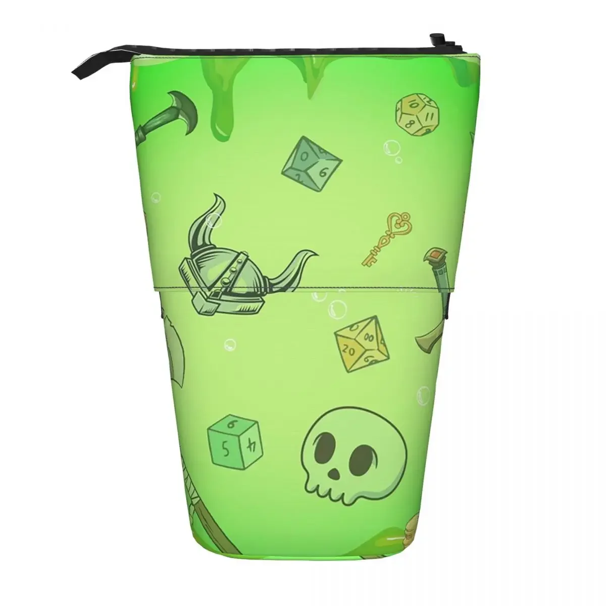 Фото Реверсивный пенал-косметичка GELATINOUS CUBE Green Ooze Dnd Monster с изображением D&D-кубиков, черепа, добычи, топора и меча №1