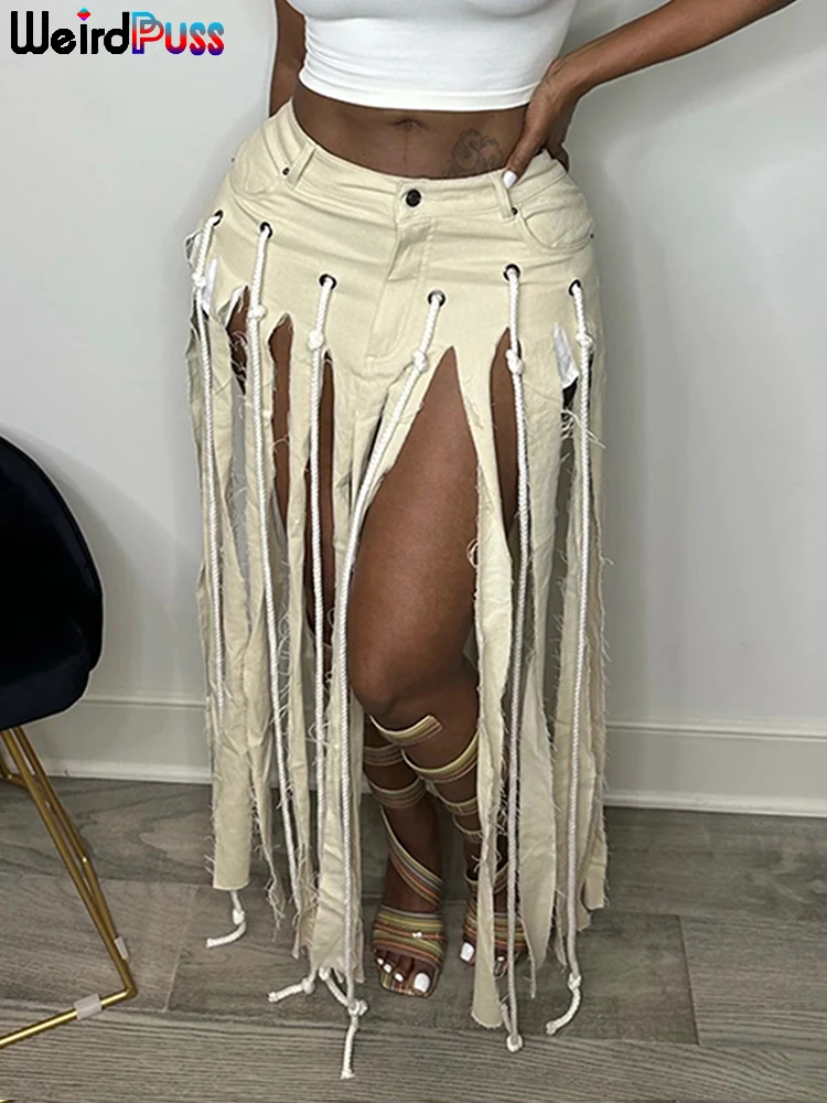 

Weird Puss Y2K Tassel Chic Skirts Women 2023 Summer New Side Split Hipster Wild Streetwear Sexy Party Skinny Midnight Bottoms