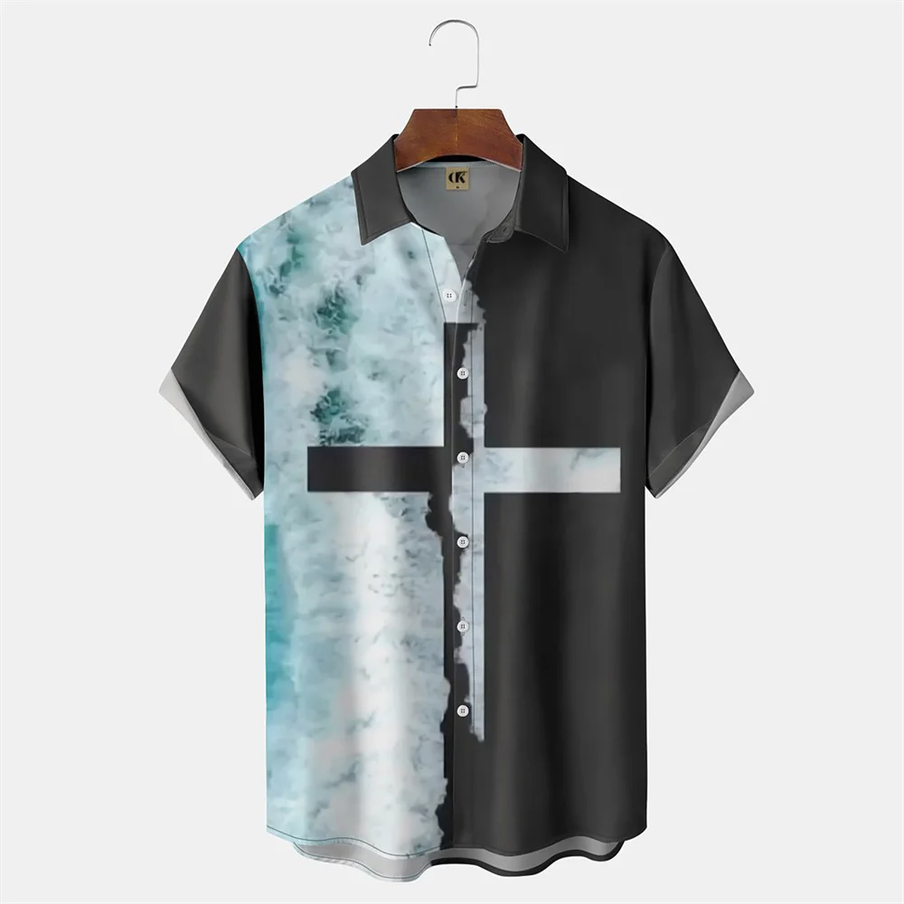 

Гавайская Мужская рубашка в стиле Харадзюку, топы с перекрестным принтом, повседневные блузки с V-образным вырезом, модные футболки на пуговицах, популярная рубашка с короткими рукавами