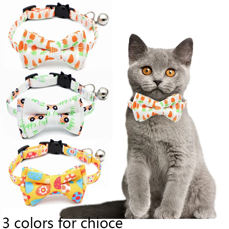 

Easter Cat Collar Breakaway with Cute Bow Tie and Bell Easter Eggs Rabbits Patterns Kitten Collars for Kitty Pets Small Dogs