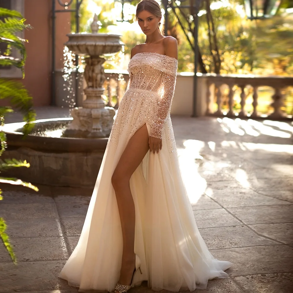 

Glitter Sequined Wedding Gowns For Women 2022 Boat Neck Lace-up Wedding Dresses Boho Tulle Vintage Sweep Train Vestido De Noiva