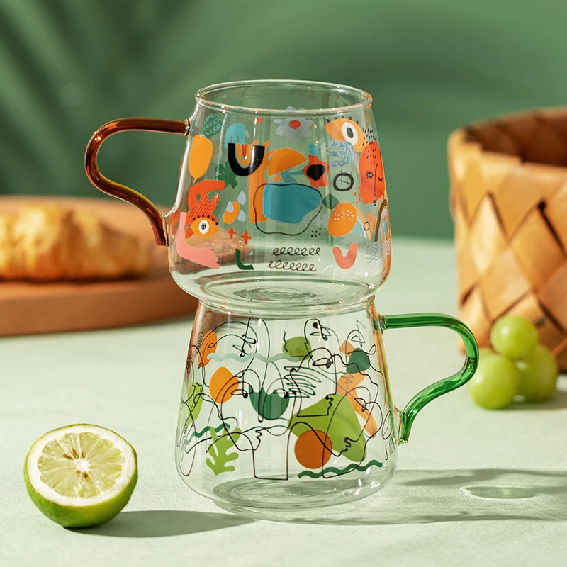 

420ml Graffiti Portrait Glass Teacup Household Coffee Mug Party Office Juice Water Drink Cup Heat Resistant Couple Mug