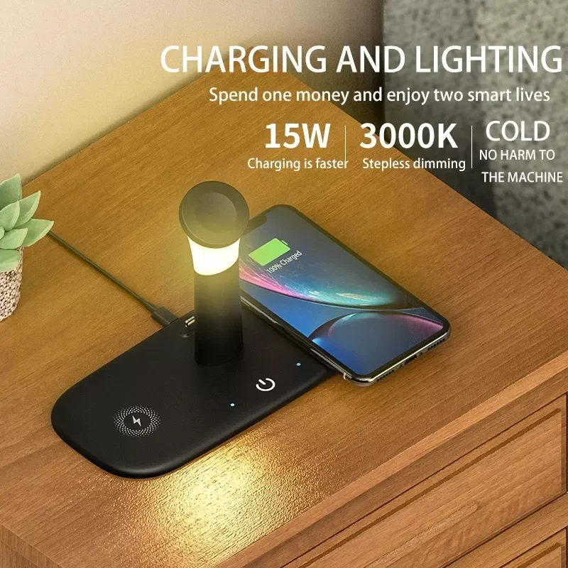 

Быстрое беспроводное зарядное устройство Qi 5 в 1 для iPhone 12 Pro Max 11 XS Xiaomi Samsung Huawei, прикроватный ночник, складная зарядная док-станция