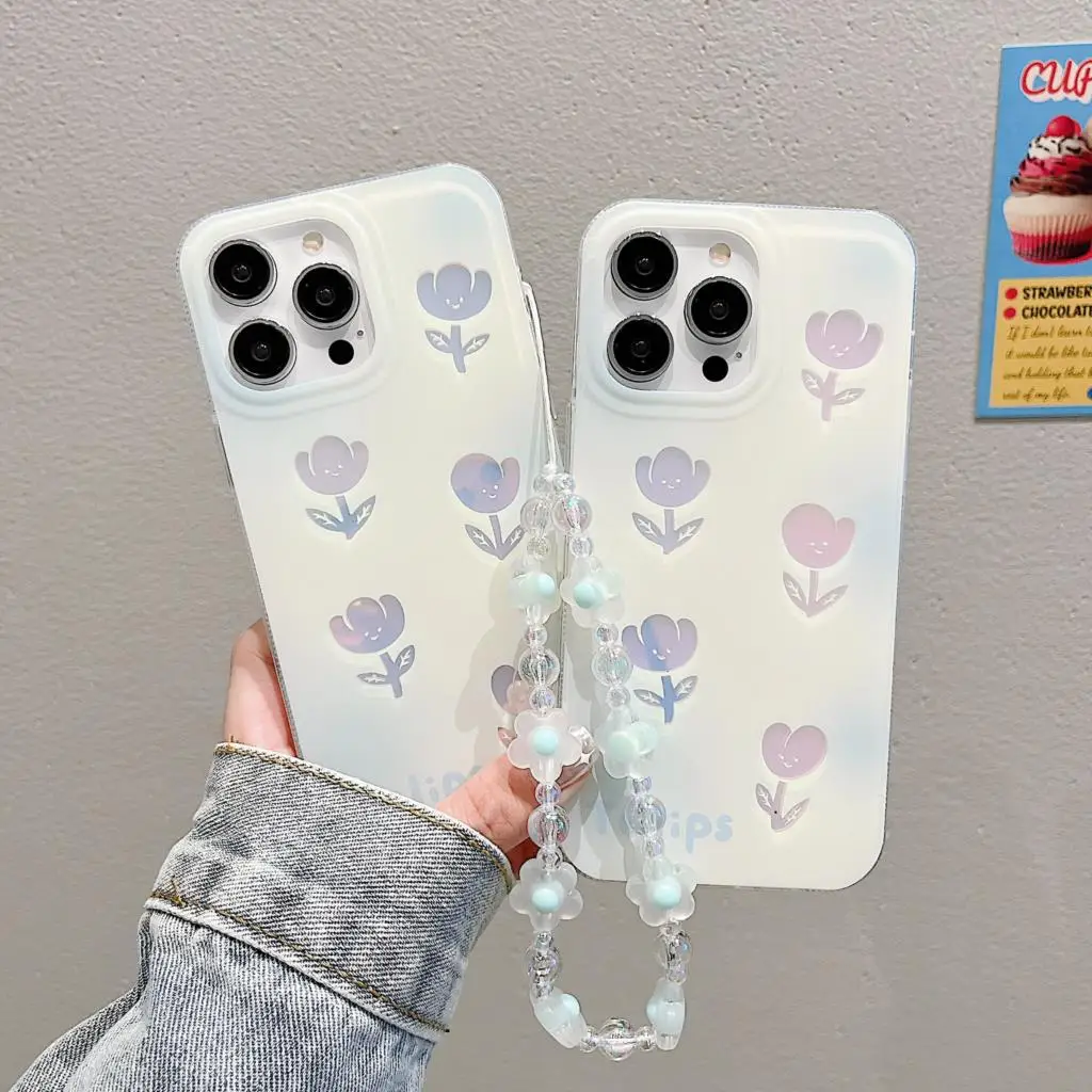 

INS Wind Laser Blue Tulip+Bracelet Phone Case For iphone 14 13 12 11 Pro Max X XR XSMAX 7 8 Plus SE TPU Case Cover new products