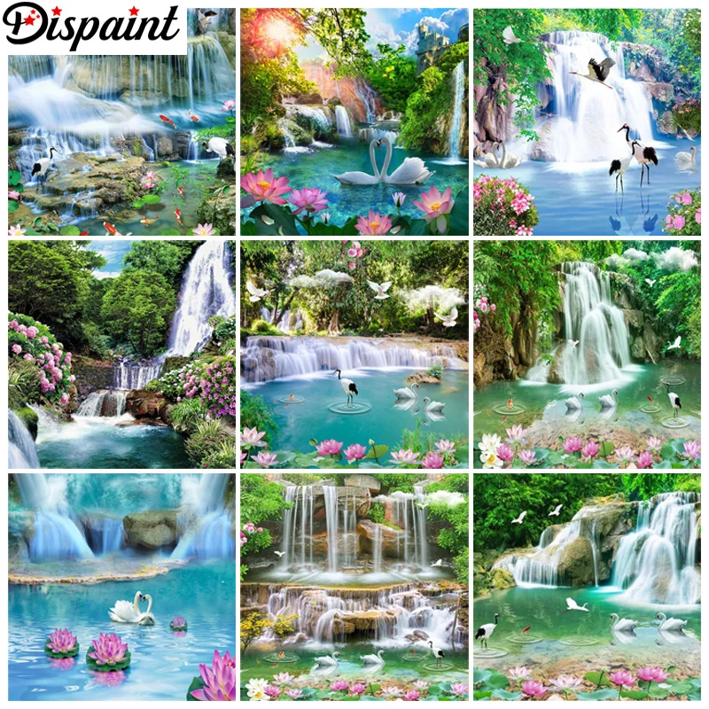 

Dispaint Art 5D Diy Diamond Painting "Scenery Waterfall Crane" Diamond Pictures Cross Stitch 3D Rhinestone Embroidery Decor