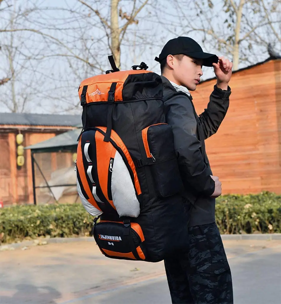 Kixnor 90L+10L Hiking Backpack Men Women for Travel Mountaineering Climbing Camping Trekking Waterproof Daypack (Orange)