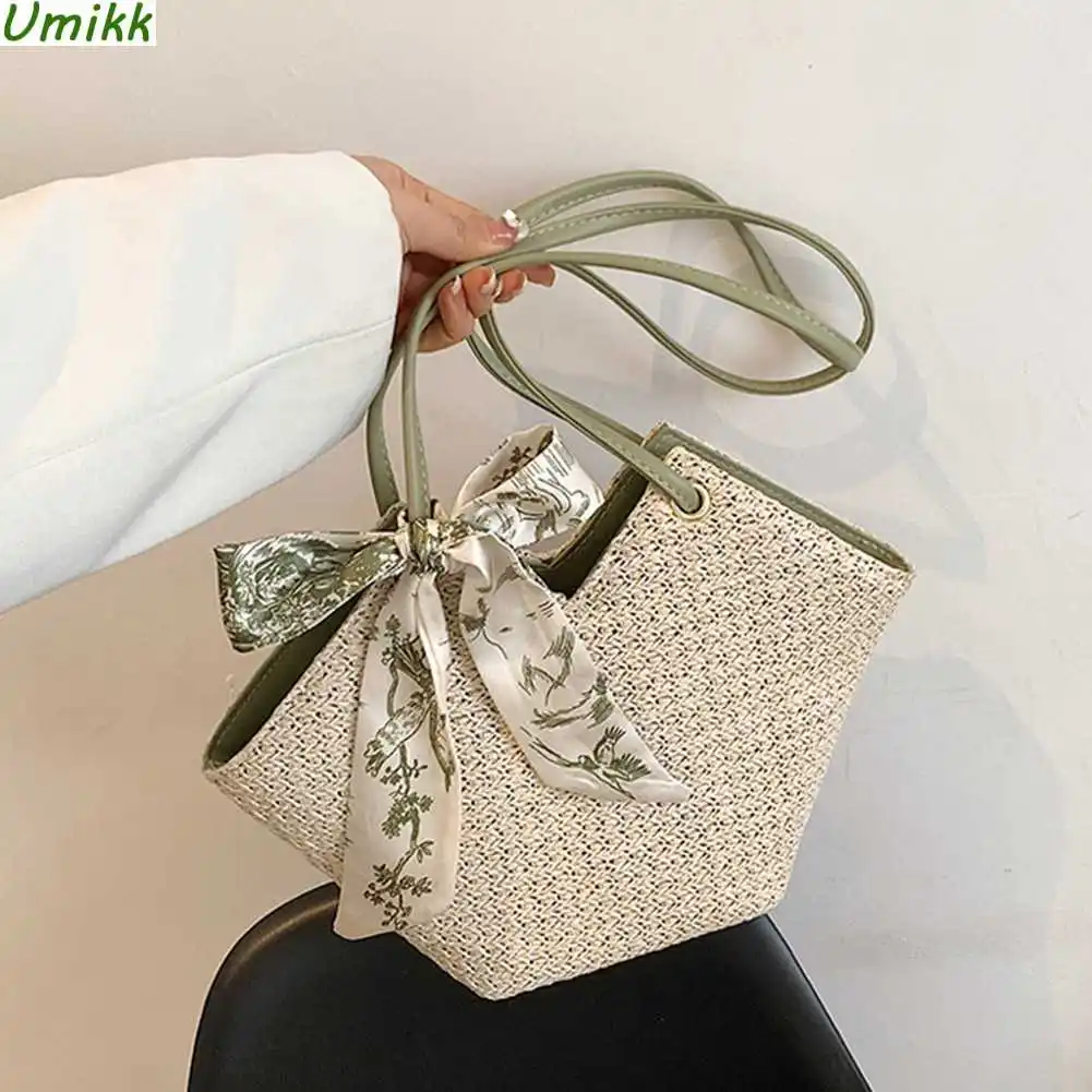 

Fashion Straw Summer Handbags Casual Woven Shopping Bag Handmade Solid Color Holiday Purses Women Large Tote Bags Female Clutch