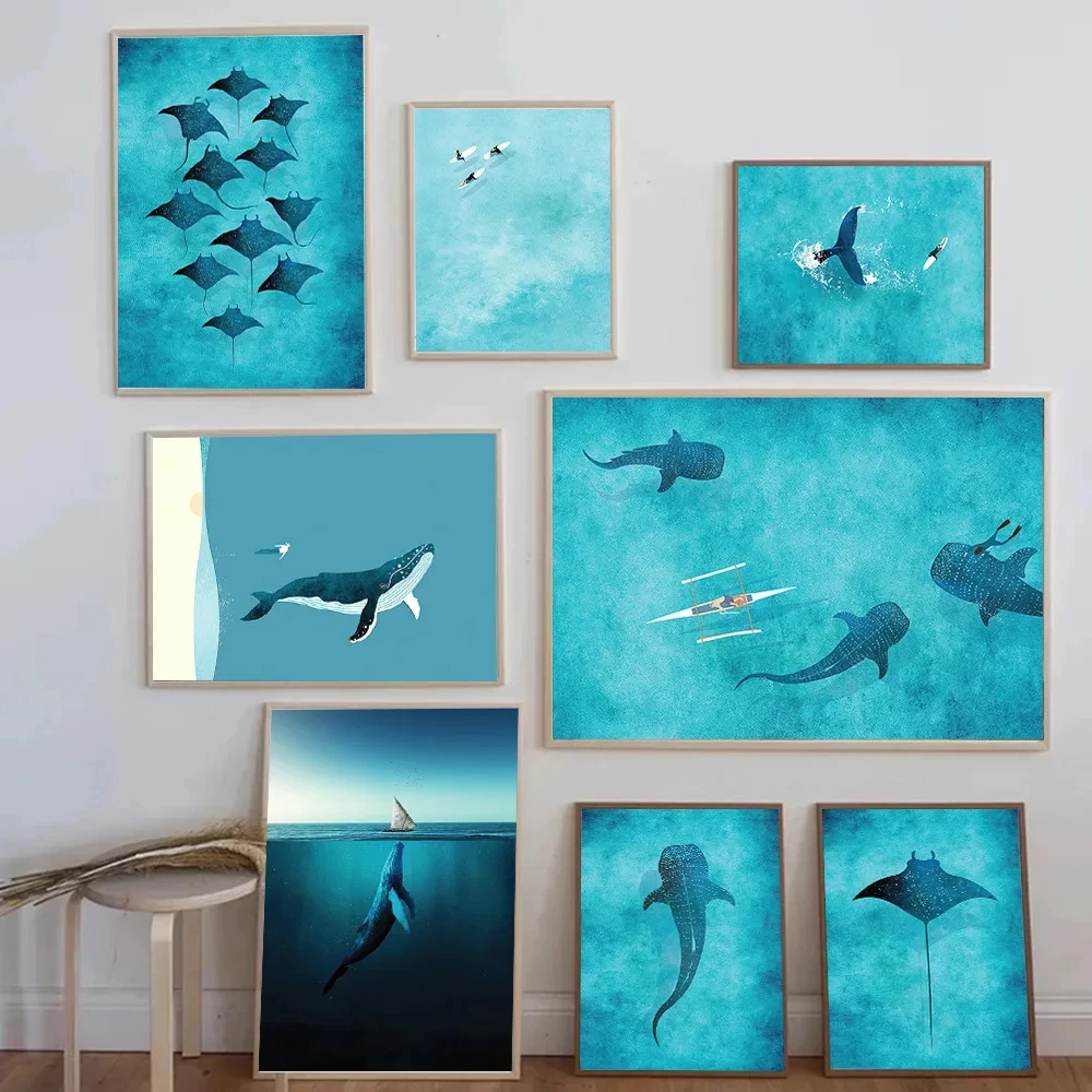 

Blue Whale Shark Diver Sail Manta Rays Surf Sea Wall Art Nordic Canvas Painting Ocean Animal Illustration Poster Prints Decor
