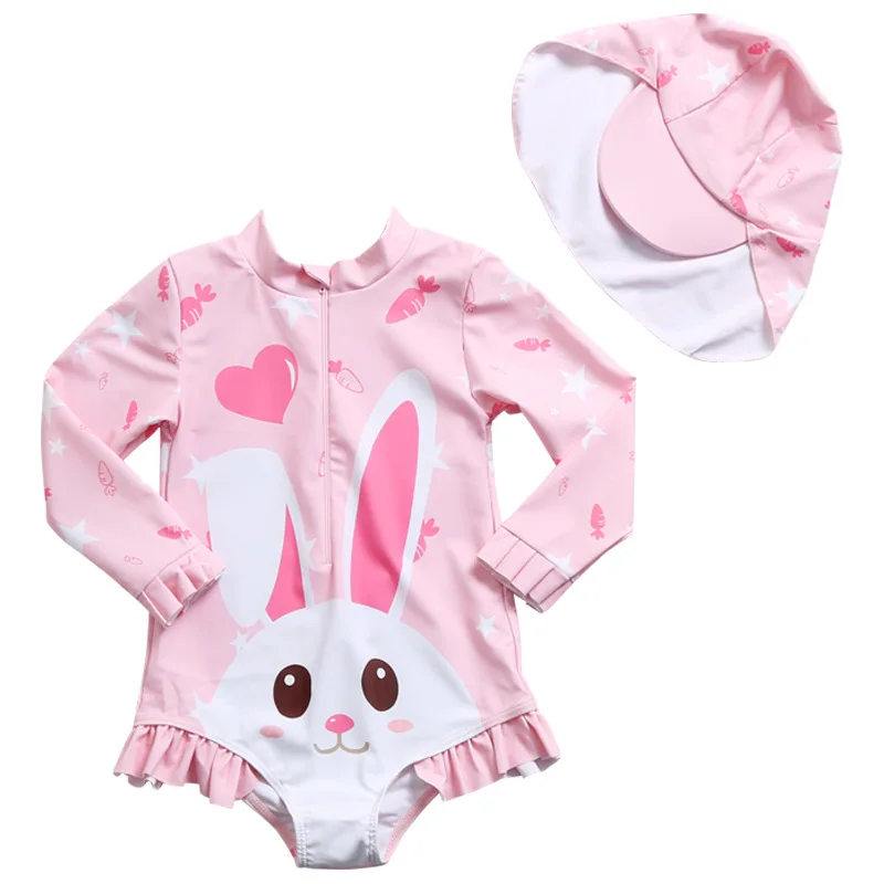 

Children's Swimsuit Girl's One Pieces Infant Long Sleeve Sunscreen Cute Rabbit Princess Girl's Swimsuit + Cap Ruffled Decor