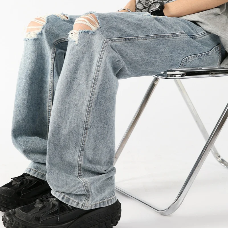 Летние тонкие однотонные джинсы из ледяного шелка с дырками Красивые прямые