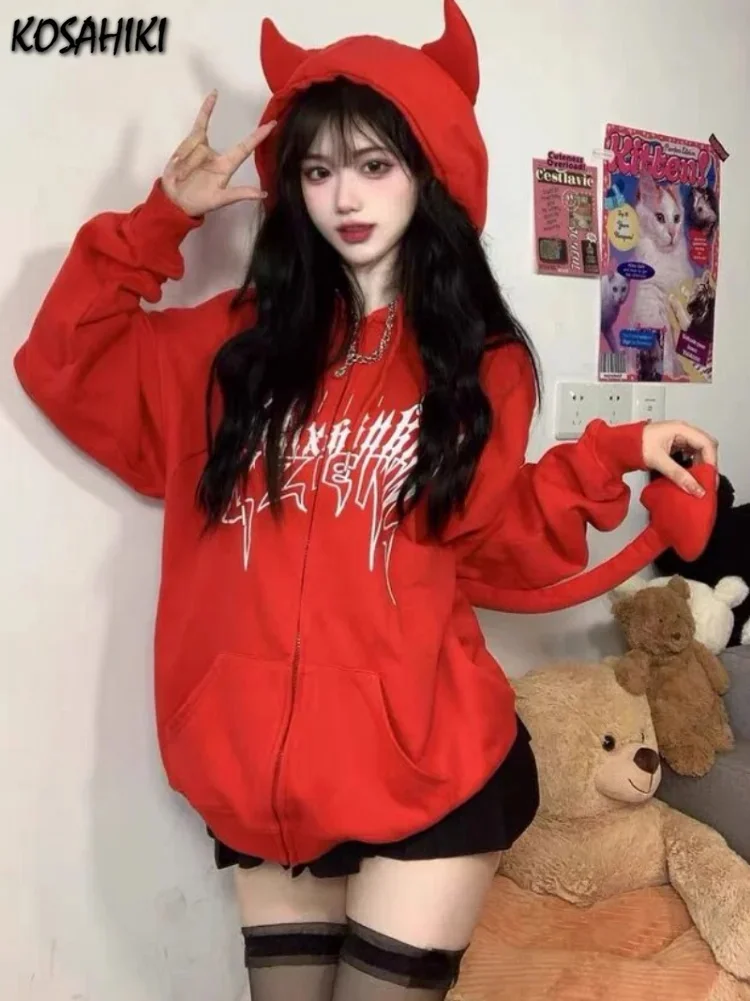

Harajuku Hoodies Women Y2k Gothic Punk Devil Hoodie Casual Kawaii Hip Hop Zipper Sweatshirt Female Jacket Coat 2023 New