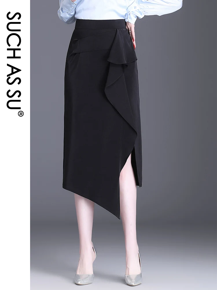 

SUCH AS SU High Quality Womens Satin Pencil Skirt High Waist Package Hip Black Ruffles Asymmetrical Sexy S-3XL Size Skirts 9932